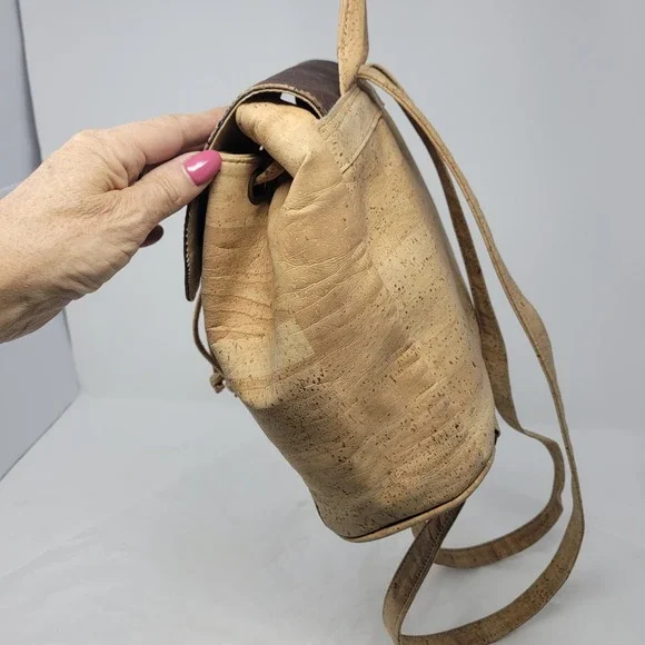 Montado Vegan Cork Backpack Two Toned Tan Brown Taco Flap Minimalist Western - Picture 9 of 12